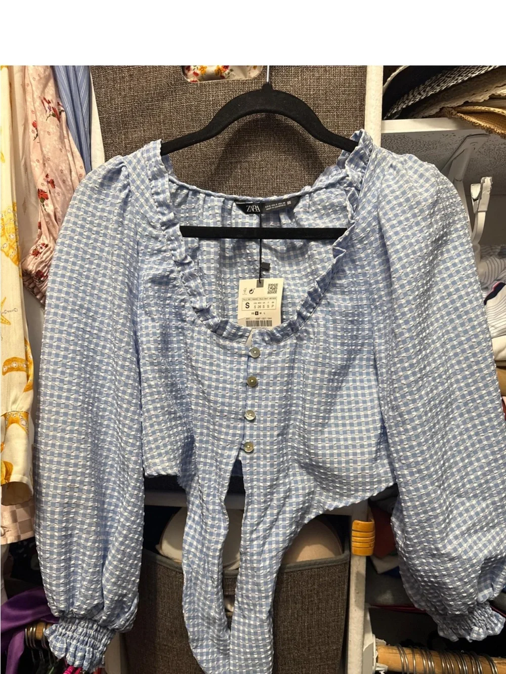 Zara Light Blue Gingham Tie-Front Puff Sleeve Blouse